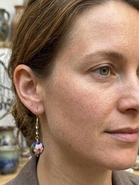 Artisan 18k Gold Hand Wrapped Blue Vintage Cloisonné Earrings 14K Gold Fishhooks